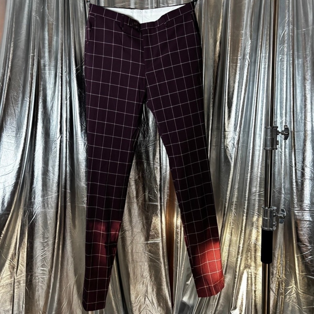 boohooMAN Burgundy Windowpane Check Slim Fit Trousers 30